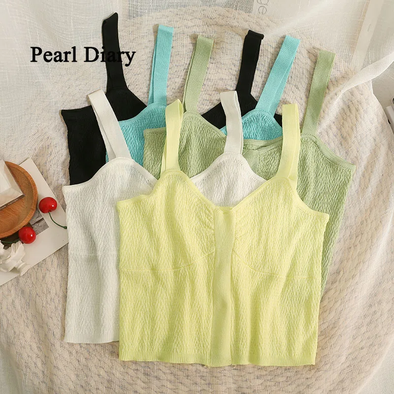 Pearl Diary Summer Short Expose The Navel Thin Top Women New Style Pure Colour Y2k Clothes  All-Match V-Neck Knitting Top