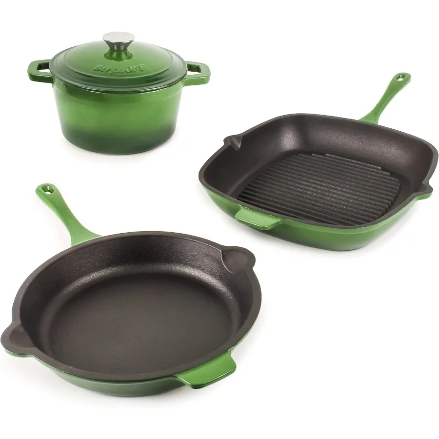 

Neo 4Pc Enameled Cast Iron Cookware Set Grill Pan 11 inches Fry Pan 10 inches 3qt. Dutch Oven Matching Lid Fast Evenly Heat Ove