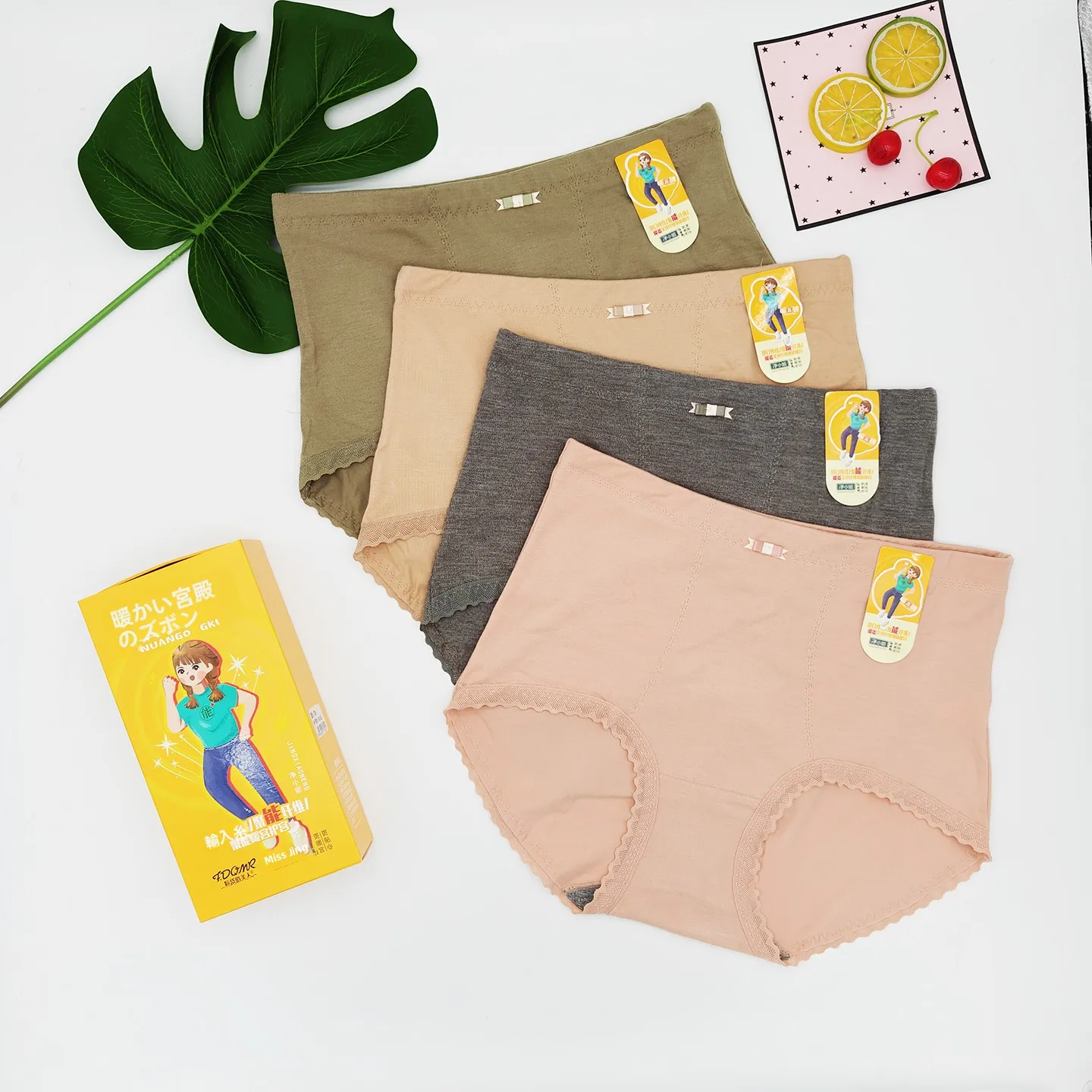 Ropa interior de mujer de cintura alta con fibra de jengibre cálida, 4 unidades, antibacteriana, cómoda para el hogar, bragas rosas Ele Beau Net Miss