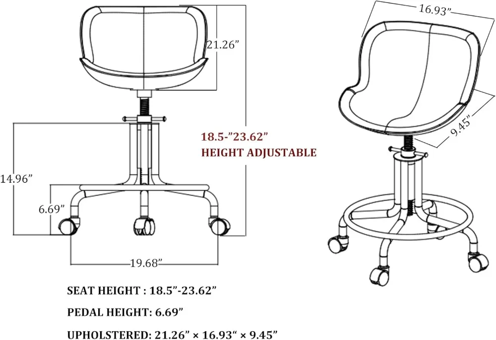 Rolling Stool com PU Leather Back, ajustável Swivel Counter Stool, casa, jantar, café da manhã, bar, escritório, garagem, 19,68 "-23,62"