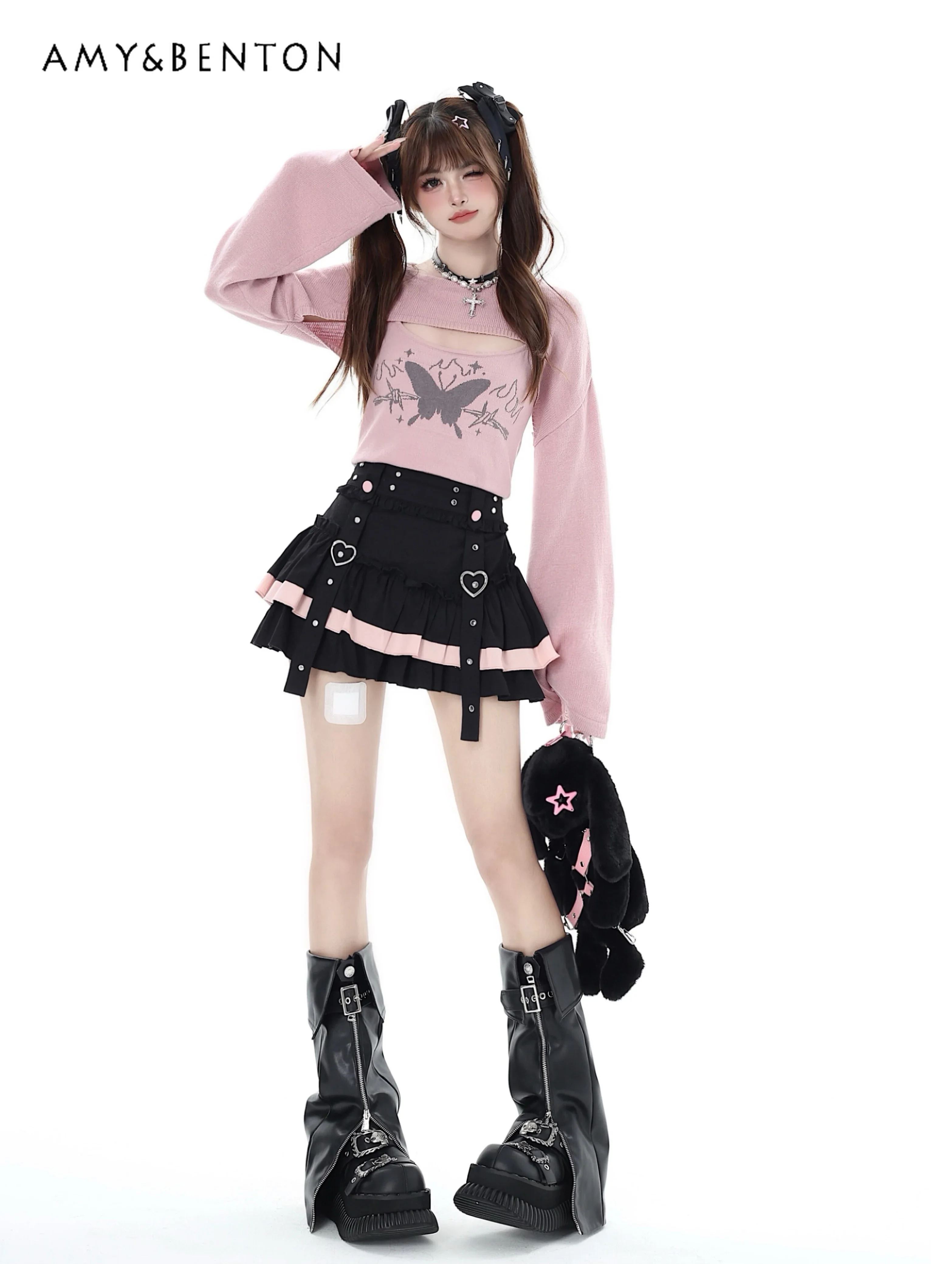 Japanese Preppy Style Cute Girl Mini Skirt Summer Fashion Stitching Love Lace-up A-line Skirt Goth High Waist Slim Pettiskirt