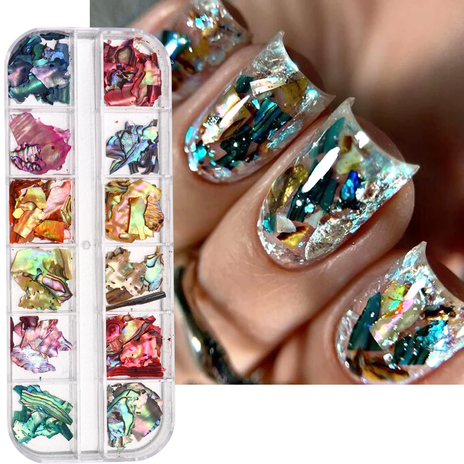 12Grid Irregular Glitter Abalone Shell Flakes For Nail Art Decoration 3D Charms Summer Slices DIY Manicure Paillette Accessories