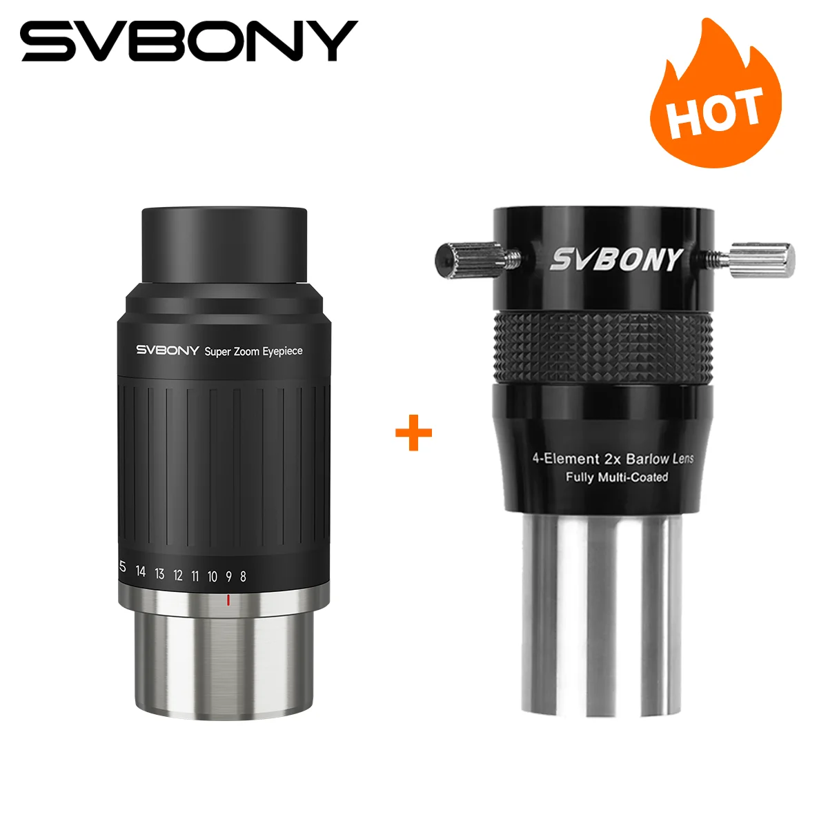 Svbony Super Zoom Aspheric Eyepiece and 2X 4-Element Barlow Lens Combination SV230+SV216 for Astronomical Observation