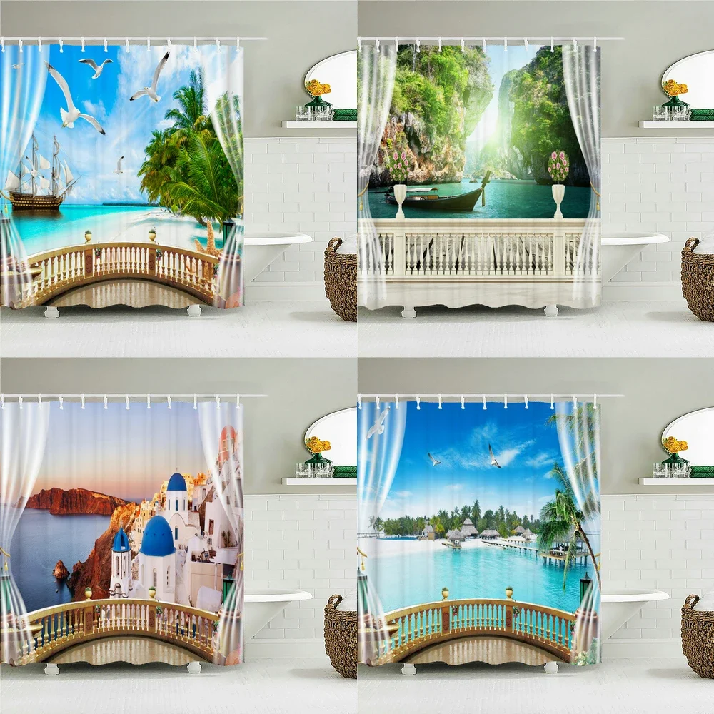 Outside the Window Seaside Scenic Beach Shower Curtains Bathroom Curtain Frabic Waterproof Bath Curtains for Bathroom 180x180cm