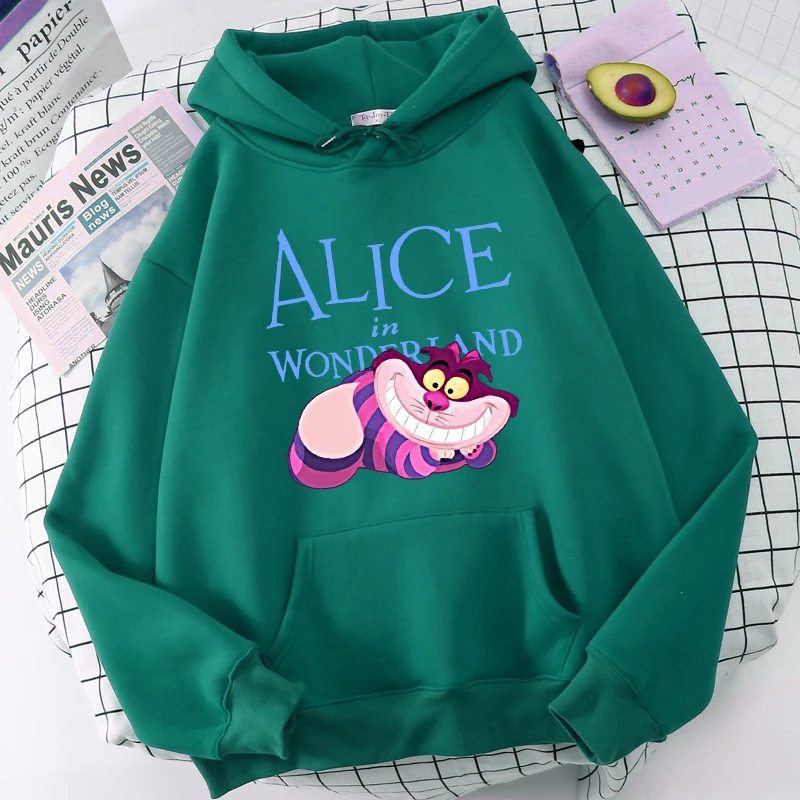 Disney Sweatshirt Fashion Alice in Wonderland Cheshire Cat Cartoon Cute Cat Print Hooded Pullover Unisex Womens Long Sleeve Top