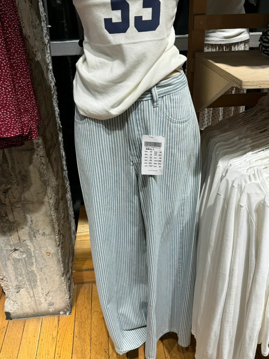 블루 스트라이프 데님 스트레이트 바지 여성 가을 ​​하이 웨이스트 루즈 와이드 레그 팬츠 아메리칸 빈티지 streetwear 캐주얼 바지 y2k
