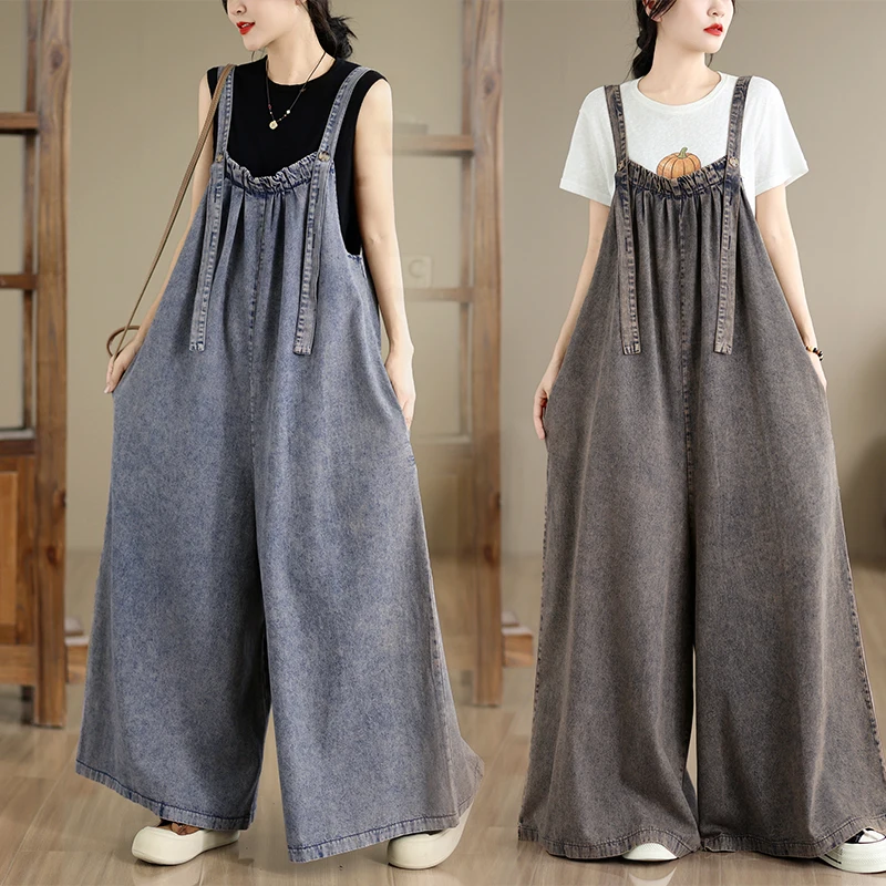 Loose Long One-Piece Denim Overalls plus Size Wide Leg Pants City Outdoor Style Cotton Polyester Blend Comfortable Women's Jeans