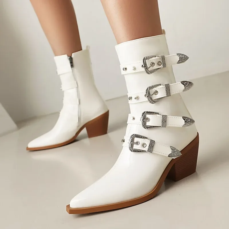 2024 Women\'s Fashion Pointed Punk Style Belt Buckle Pullback Short Boots European and American Sexy Nightclub Banquet Boots