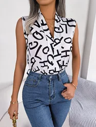 Casual Letter Print V Neck Sleeveless Chiffon Blouse Women 2024 Summer Fashion Top