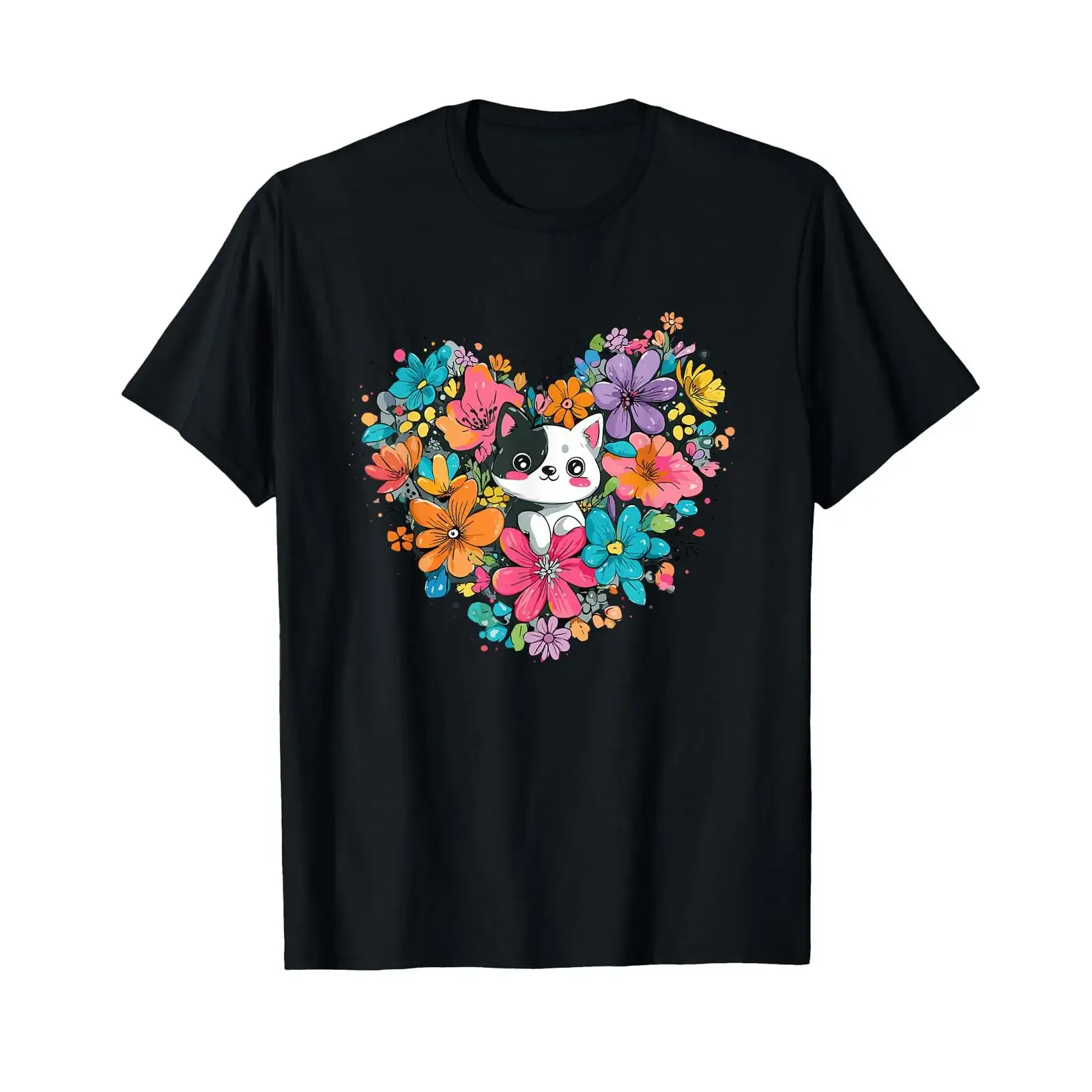 Chaton Mignon dans Un cœur de Fleurs colorées pour Les Amoureux des Chats T Shirt vintage Washed Breathable graphic Soft