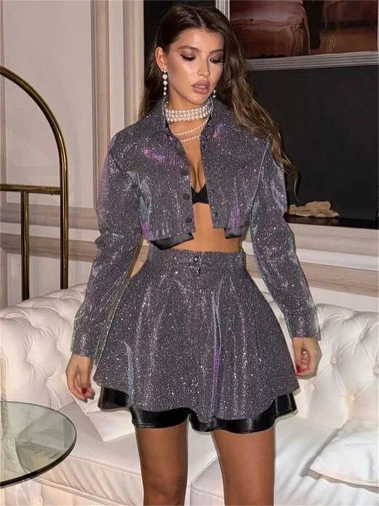 

Glitter Sexy 2 Piece-Set Skirt Female Elegant Lapel Suit Cropped Coat And Ruffled High Waist Y2k Skirt Outfits Women's