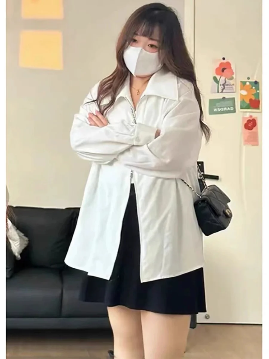plus Size Women's irt Jaet Inner Wear Double Zipper Loose Slimming Versatile Top Trendy Korean Sle Long Sve  Collar