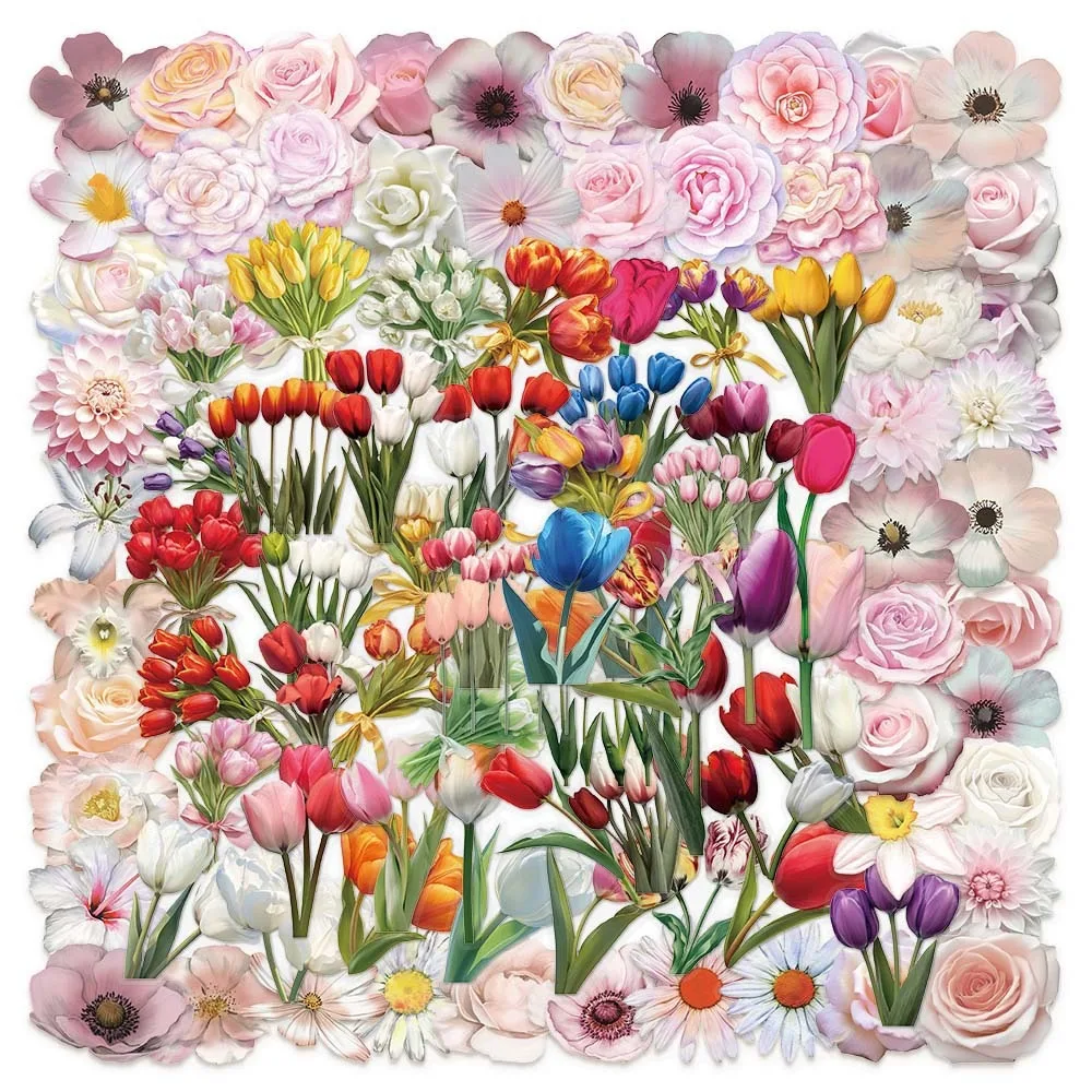 100PCS Tulip and Pink Flower Collection Transparent Stickers PET Decorative Water Cups Laptops Phone Stationery