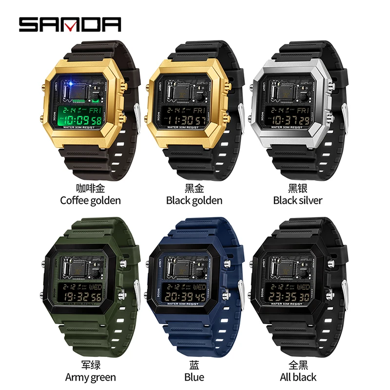 SANDAD-reloj electrónico para hombre, cronógrafo multifuncional cuadrado con correa de silicona y pantalla Digital, 6216