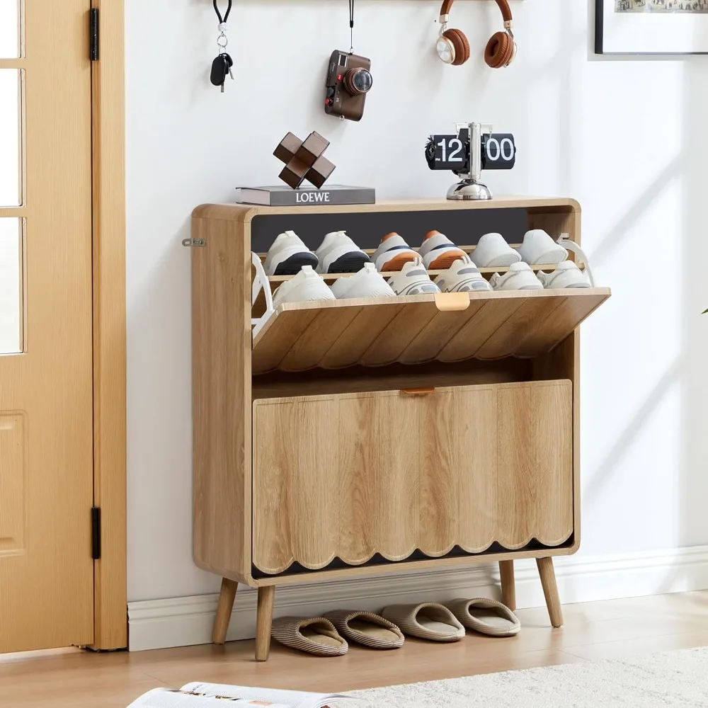 Shoe Storage Cabinet for Entryway with 2 Flip Drawers, Freestanding Narrow Wood Shoe Cabinet with Wave Panel, Hidden Shoe Organi