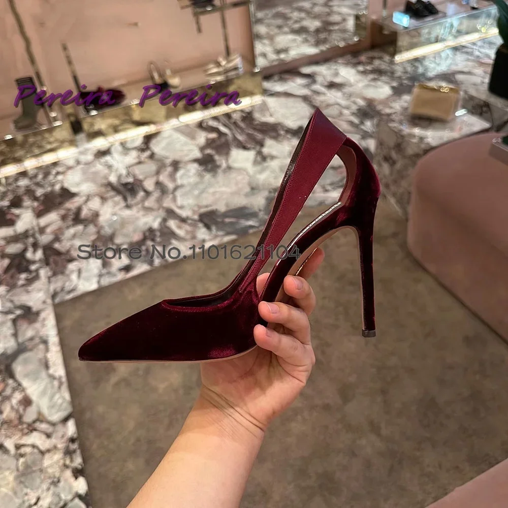 Wine Red Suede Pumps Cut Out Shallow Pointed Toe Slip-On 2024 Thin High Heel Elegant Luxury Design Women Dress Party Shoes