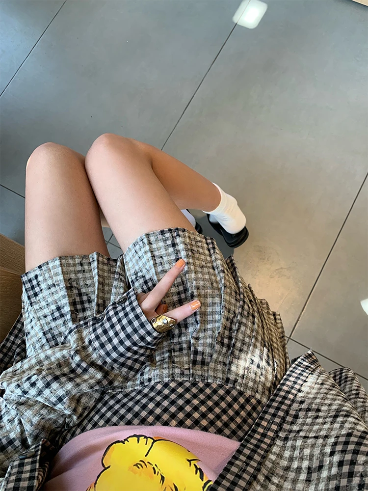 Spring Faion Plaid irt Skirt Set Women's Two-Piece Cotton Long Sve Turn-down Collar Gored Skirt Ensemble