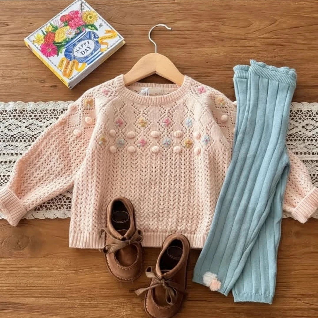 

2025 Autumn Winter Children's Outerwear LM Ethnic Style Girls' High-end Handmade Ball Embroidery Knitted Sweater Cloak Set Coat