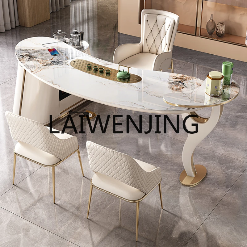 RWJ Light Luxury Stone Plate Tea Table Simple Tea Brewing Sets Creative Arc Table-Chair Set