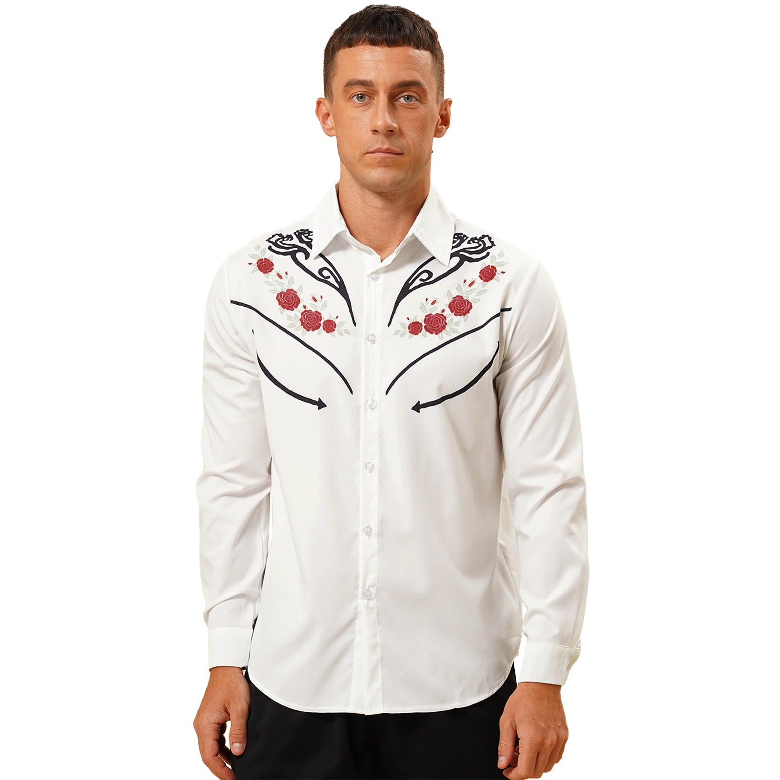 

Mens Fashion Long Sleeve Shirt Fashion Contrast Color Floral Print Cowboy Casual Turn-Down Collar Button Shirts