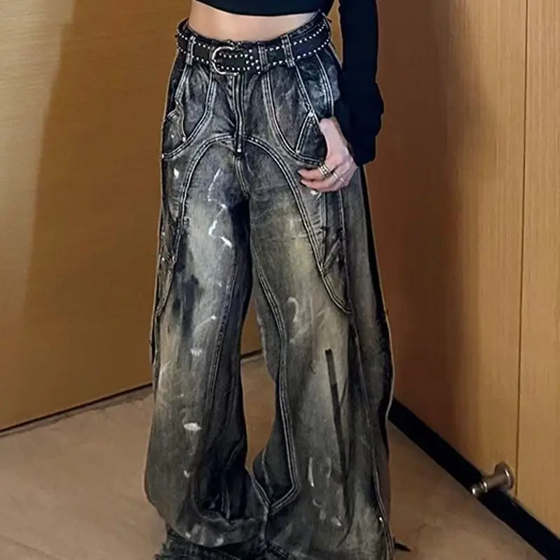 

Джинсы для стирки тяжелой промышленности с принтом тай-дай, американские прямые мешковатые джинсы в стиле ретро в стиле хип-хоп, панк для мужчин и женщин с высокой талией