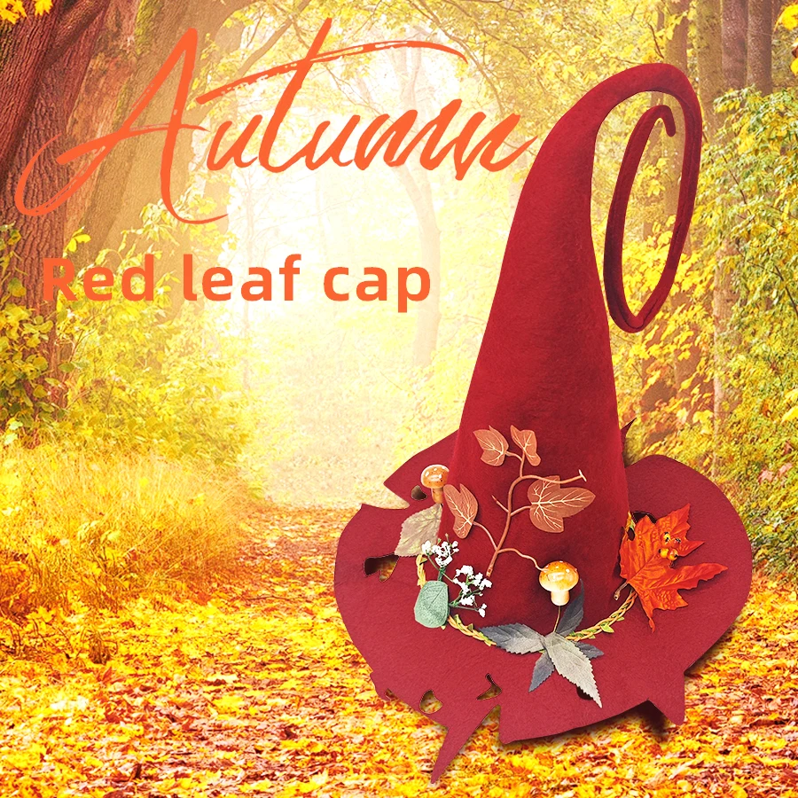 Sombrero de Bruja Otoñal con Decoración de Hoja de Arce y Champiñón, Sombrero de Mago con Punta Curva Roja, Disfraz de Cosplay para Halloween y Acción de Gracias