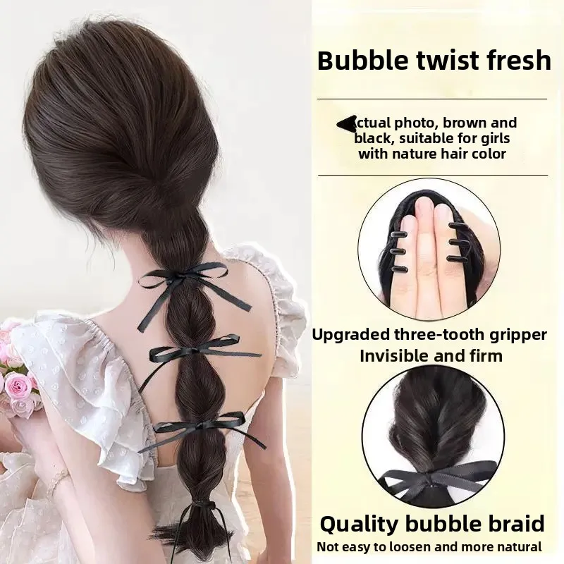 المرأة وهمية الشعر البشري الذيل جديلة فقاعة كليب الشعر الطويل منخفضة ذيل حصان تويست جديلة الألياف الآسيوية ذيل الشعر التمديد