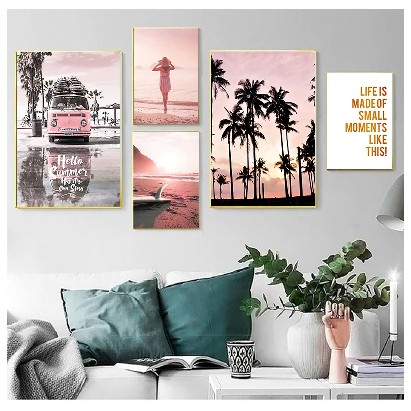 Pink Sunset Beach Coconut Tree Surfboard Wall Art Canvas Painting Nordic Posters And Prints Wall Pictures For Living Room Decor