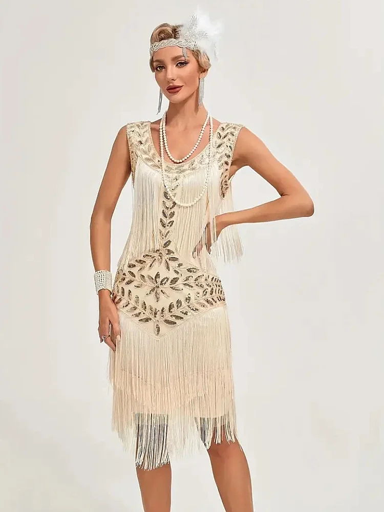 فستان مطرز بالترتر 20s لحفلات الكوكتيل بدون أكمام فساتين فلابر رقبة سكوب فساتين غاتسبي العظيم مهدب