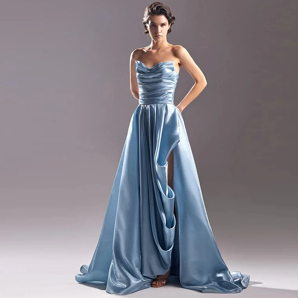 

Lce Blue Satin Sexy Evening Dresses Pleat Ruffles Homecoming Dress A-line V Neck Long Dresses 2024 Bespoke Occasion Gown