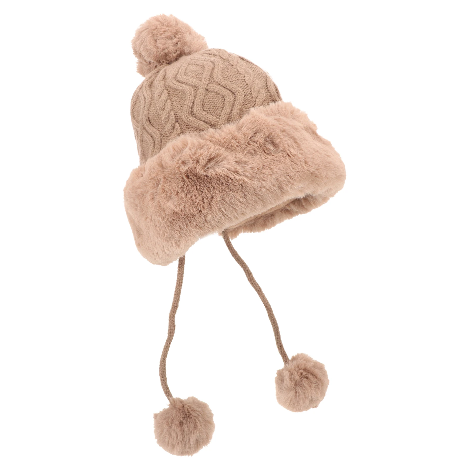 

Winter Warm Fleece Lined Beanie Hat Shallow Coffee Three Pom Women Hats Comfortable Polyester Breathable Washable One Size Fits