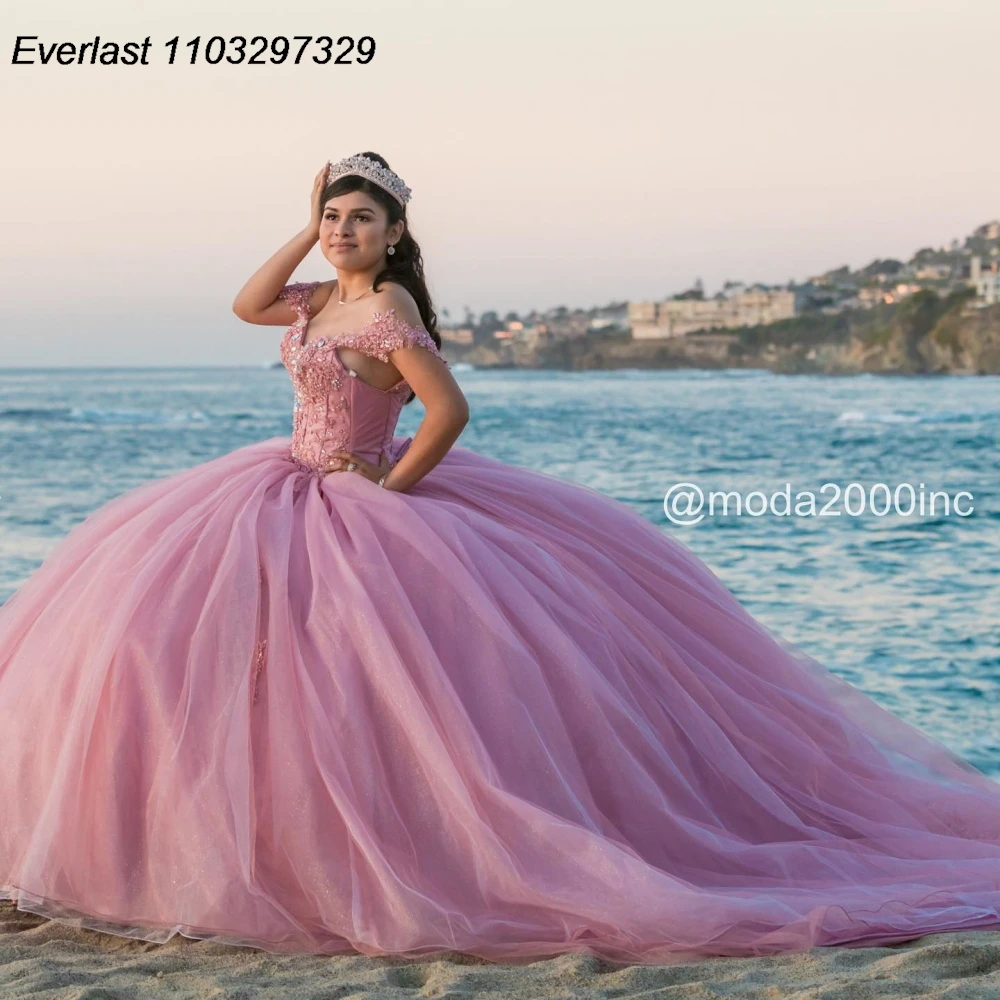 EVLAST Sparkly Pink Quinceanera Dress Ball Gown Shiny Lace Applique Beading Mexico corsetto Sweet 16 Vestido De 15 Anos TQD945