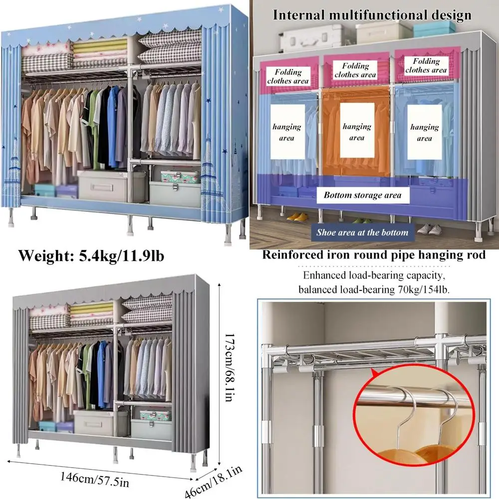 خزانة ملابس محمولة بإطار فولاذي معدني قائم بذاته - حل تخزين قوي وسهل التجميع لغرفة النوم
