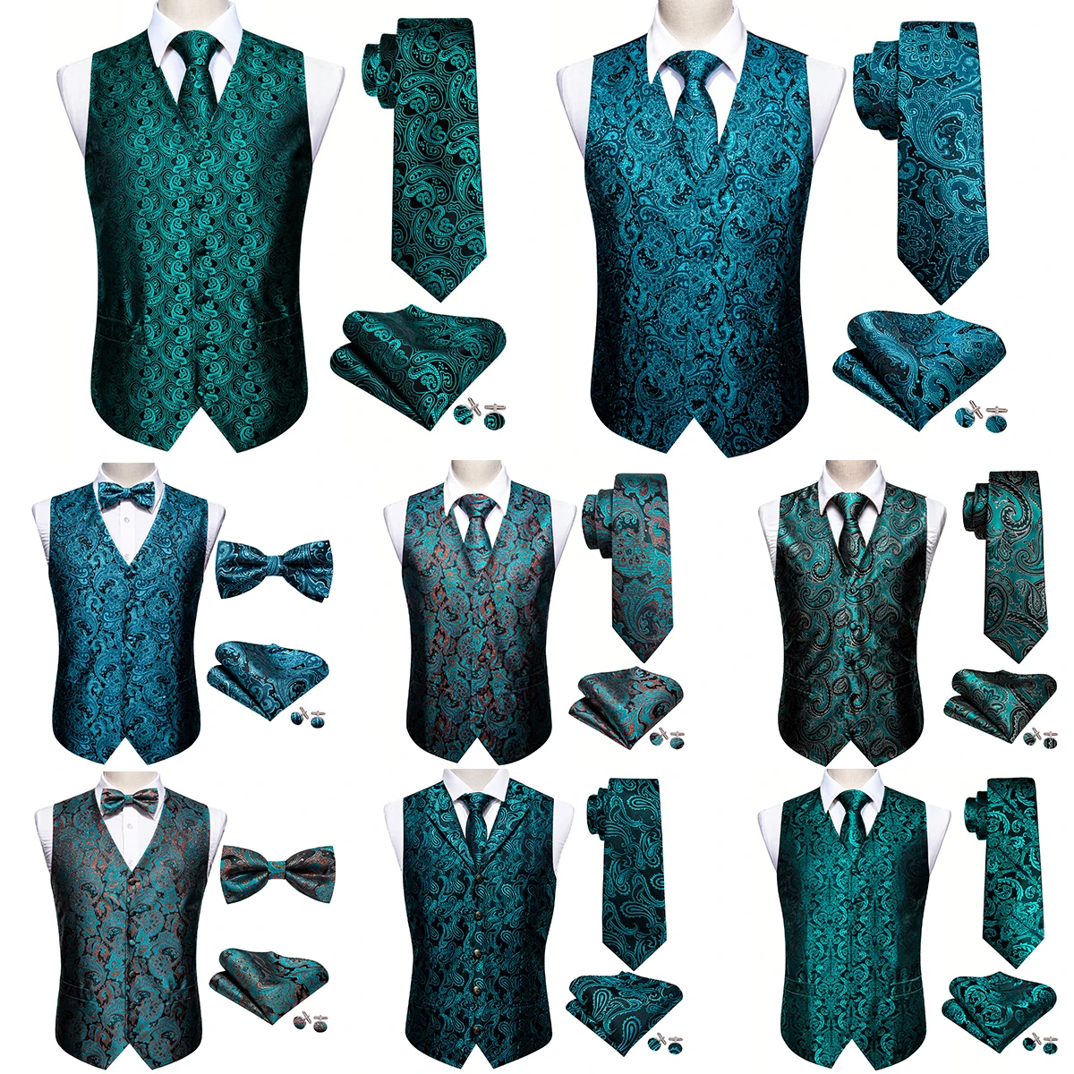 Elegant Mens Suit Vest Silk Green Teal Peacock Blue Turquoise Male Dresss Slim Fit Waistcoat Formal Jacket Gilet Barry Wang