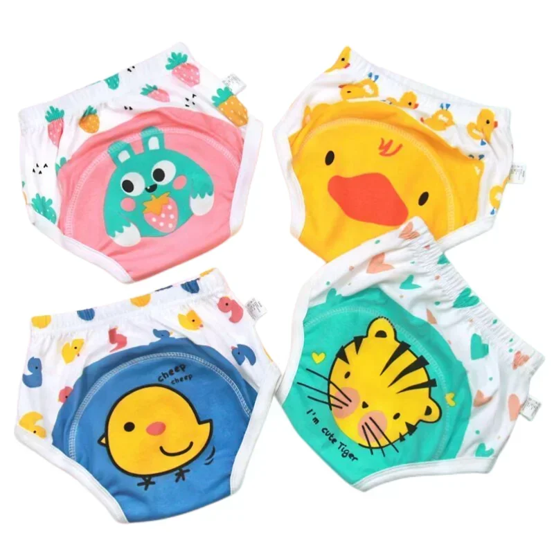 4PC Washable Baby Girl WaterProof Cotton Cloth Panties Reusable Boys Underwear Potty Training Pants Nappies Cartoon Diapers