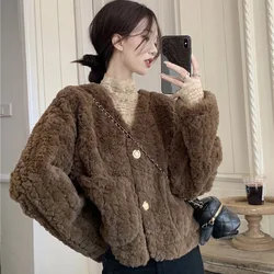 Xpqbb Autumn Winter New Women Lamb Wool Coat Korean Style Single-breasted V-neck Short Jacket Ladies Vintage Loose Fur Outerwear