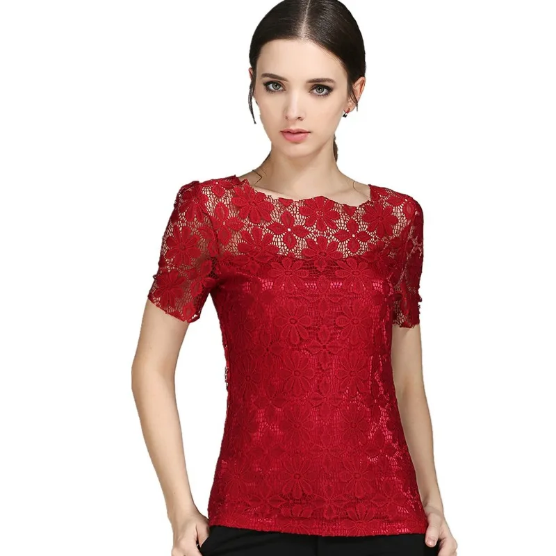 Summer women\'s sexy floral lace slim-fit shirt shirt ladies elegant casual short-sleeved T-shirt top