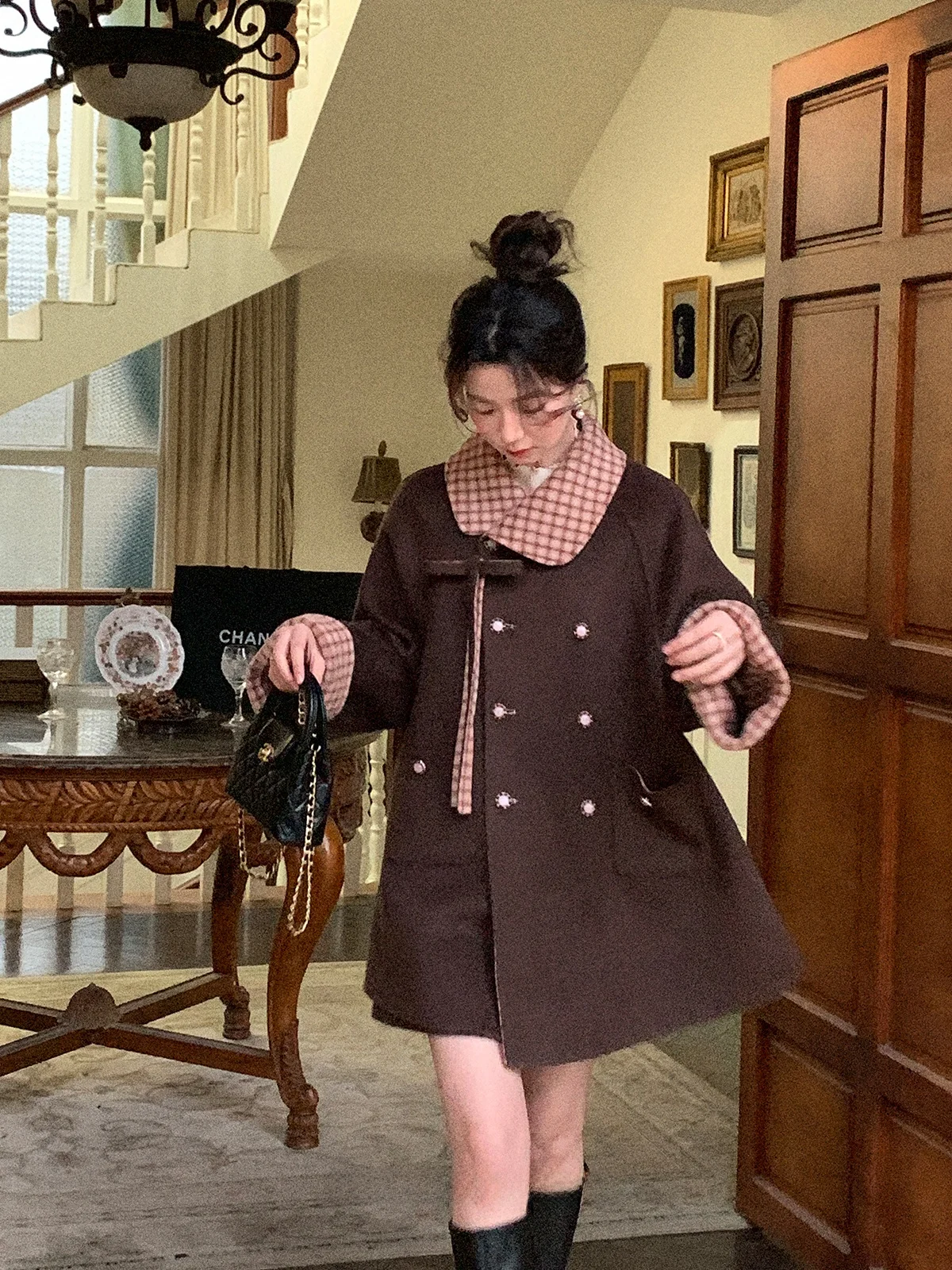 

Двустороннее шерстяное твидовое пальто цвета карамели для женщин, зимнее, укороченное, размер S, повседневное, с завышенной талией, с круглым подолом, фланелевая куртка