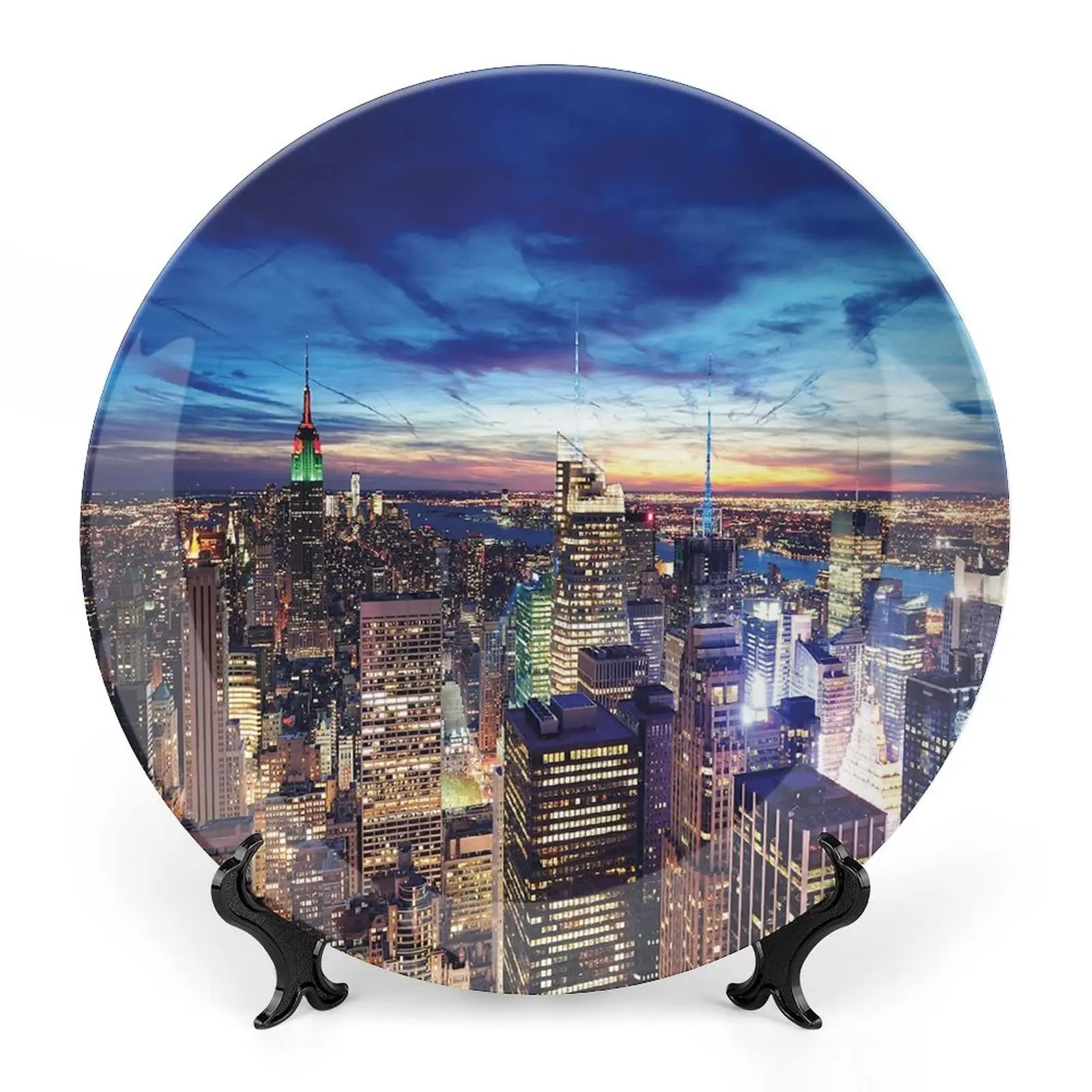 New York At Night with Brooklyn Bridge Skyscrapers, Decor Ceramic Plates, City Print Ornament, Kitchen Wall Decor, Multicolor