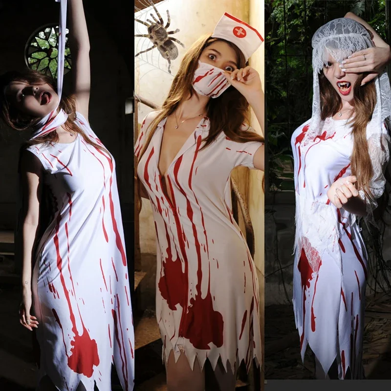 

New Halloween Horror Zombie Nurse Cosplay Costume For Women Sexy Bloody Vampire Ghost Bride Carnival Party Irregular Mini Dress