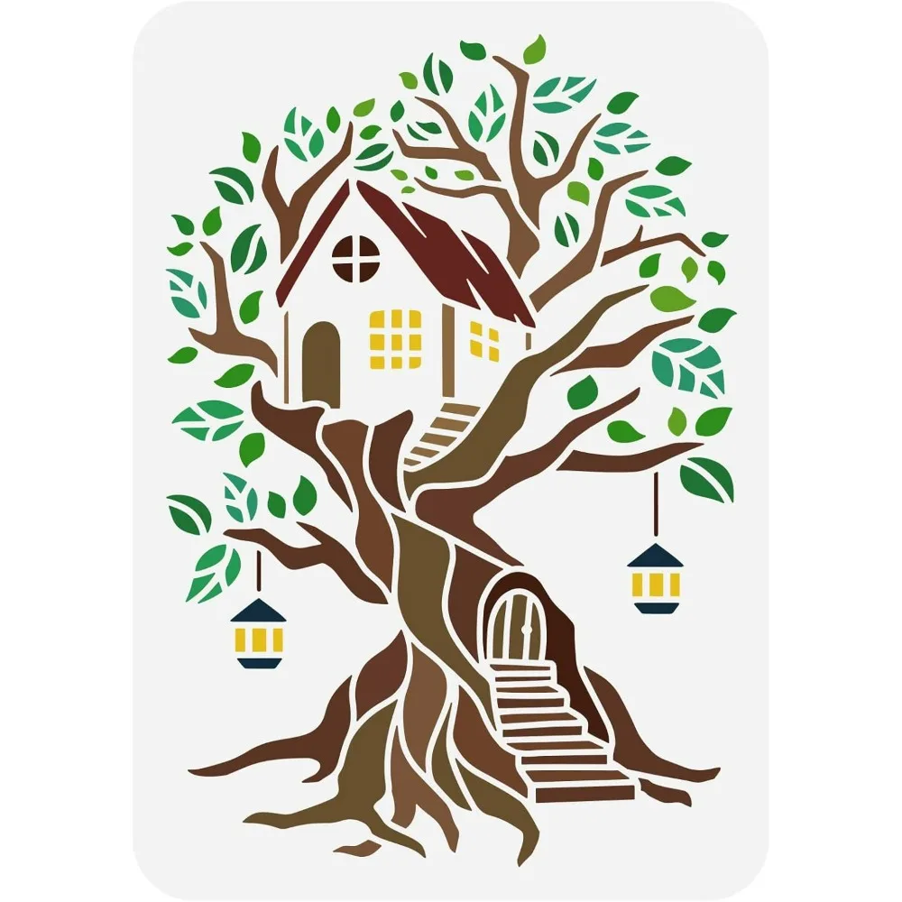 Tree House Stencil for Painting 11.7x8.3 inch Hollow Out Tree of Life Drawing Stencils Reusable Plastic Log Cabin Staircase