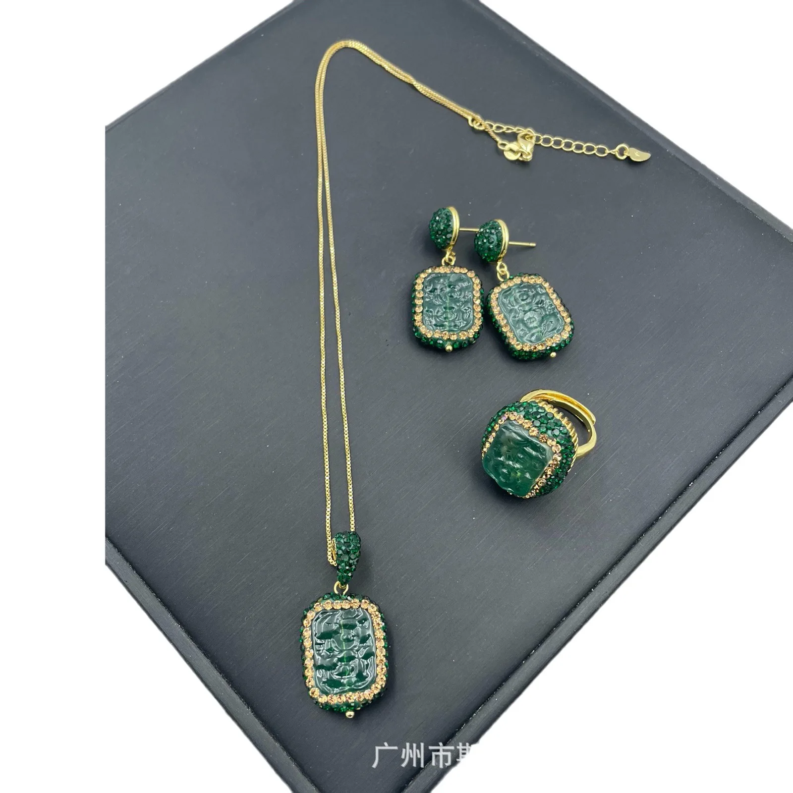 Glazed Ping An brand auspicious totem inlaid with rough stone set medieval factory direct batch crystal, necklace earrings ring
