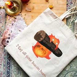 May All Your Bacon Burn Pattern Trendy Folding Tote Bag Canvas Shoulder Bag for Daily Travel Women's Reusable Shopping Bags