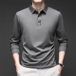 New Men's Business Casual Long Sleeved Shirt with Badge Solid Color Polo Shirt Fashionable Breathable Comfortable Versatile Top