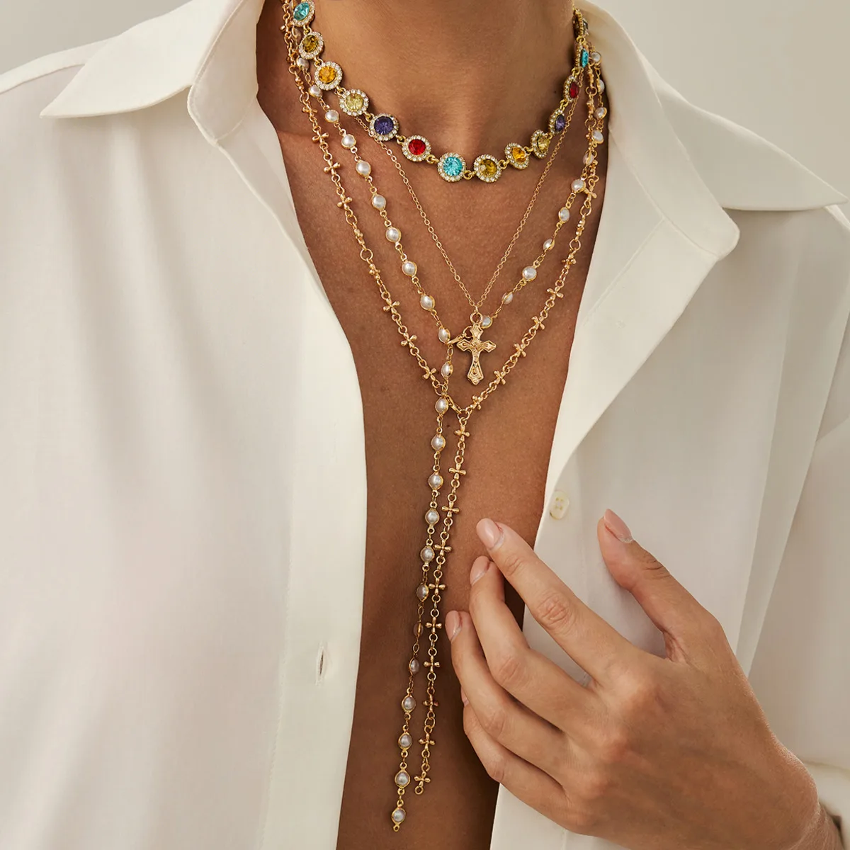 

KunJoe 4Pcs/Set Elegant Colored Crystal Imitation Pearl Chain Long Necklace Women Trendy Cross Pendant Choker Wedding Jewelry