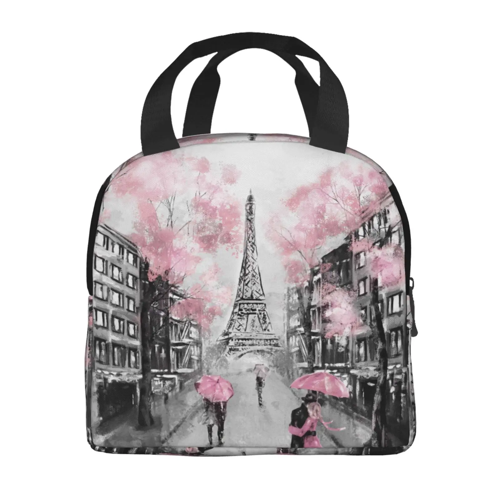 Pink Cherry Blossom Paris Eiffel Print Lunch Tote Bag Insulated Leakproof Lunch Box Container with Front Pocket for Girls Boys