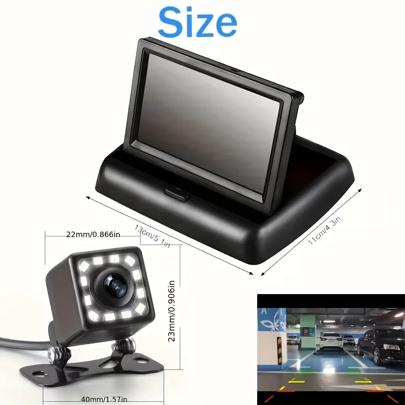 4.3in Folden Car Backup Camera Rear Camera Monitor Kit with 12 LED Lights 480P Night Vision for Cars, Trucks, RVs, Mini-Vans
