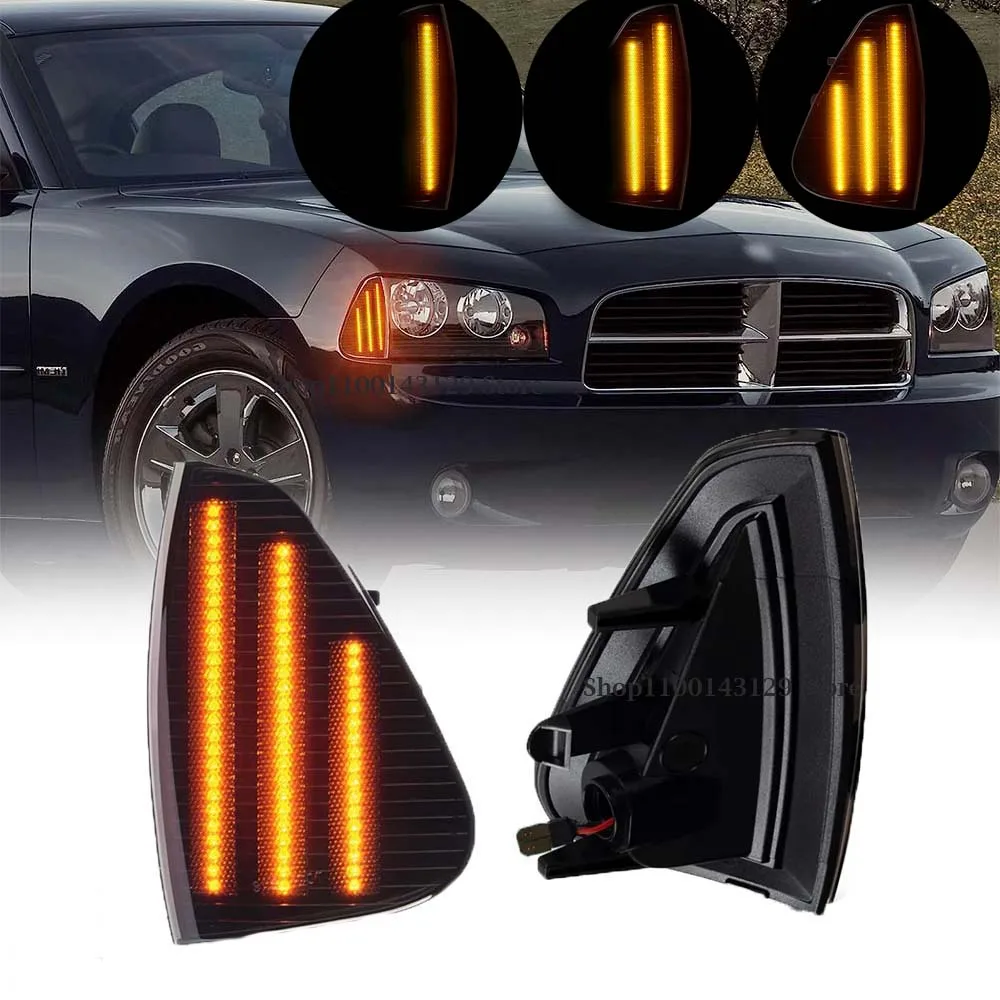 

Pair Dynamic LED Turn Signal Front Corner Side Lights 3-Rows LED Strips For Dodge Charger 2006-2010 Car Accessories Signal Lamp