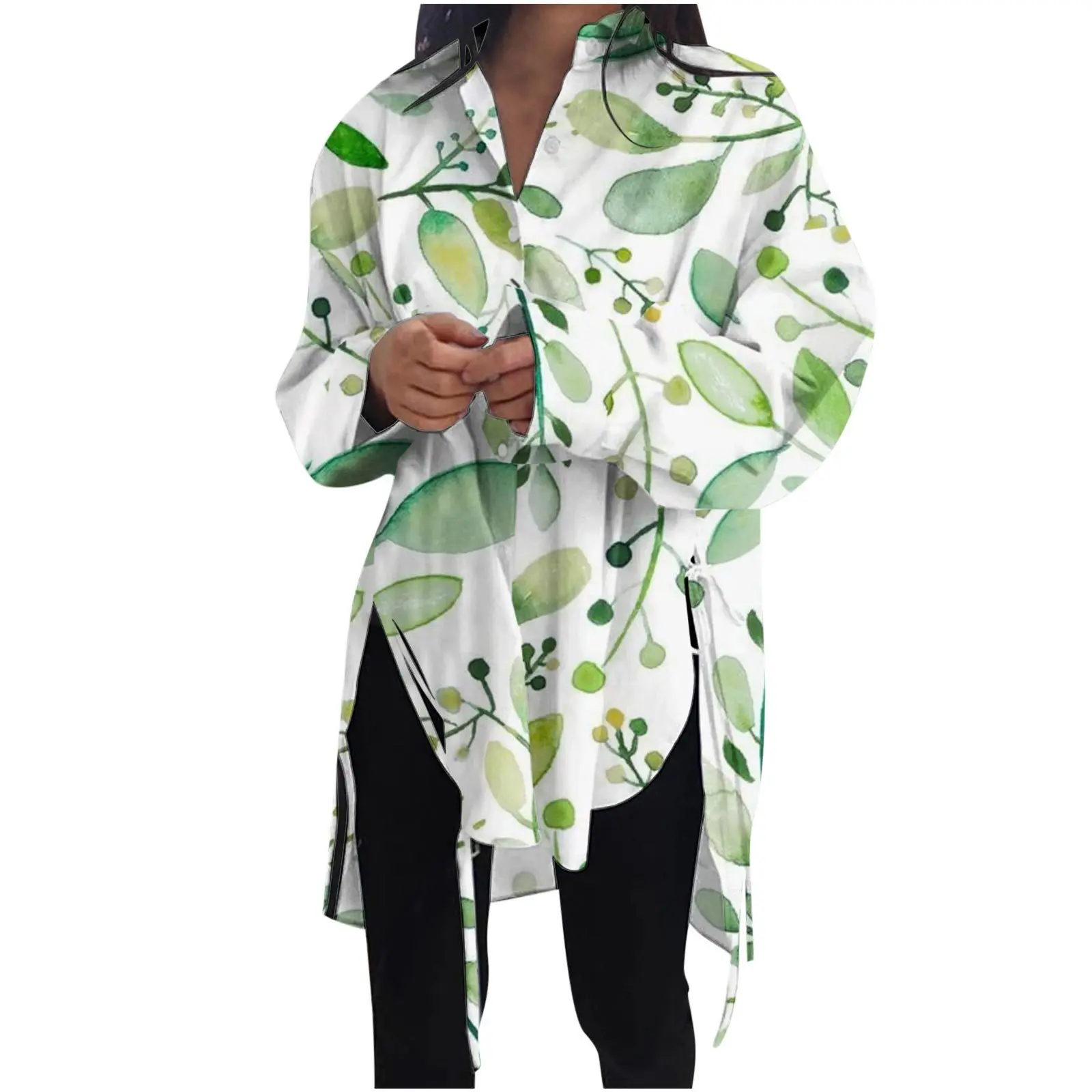 

2025 Fashion Women Blouse Casual Turn Down Collar Long Sleeve Split Hem Shirts Loose front short back long lace up shirt summer