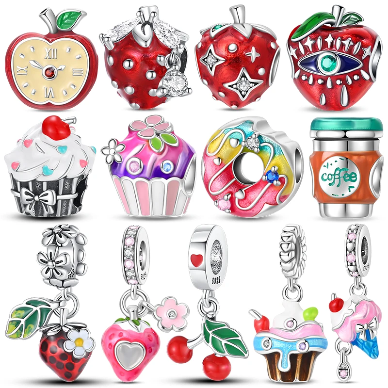 Fruit Strawberry and Cake Dim Sum Dangle Charm Beads Fits 3mm Bracelet Necklace For Women Pendant Bead Luxury DIY Jewelry Making